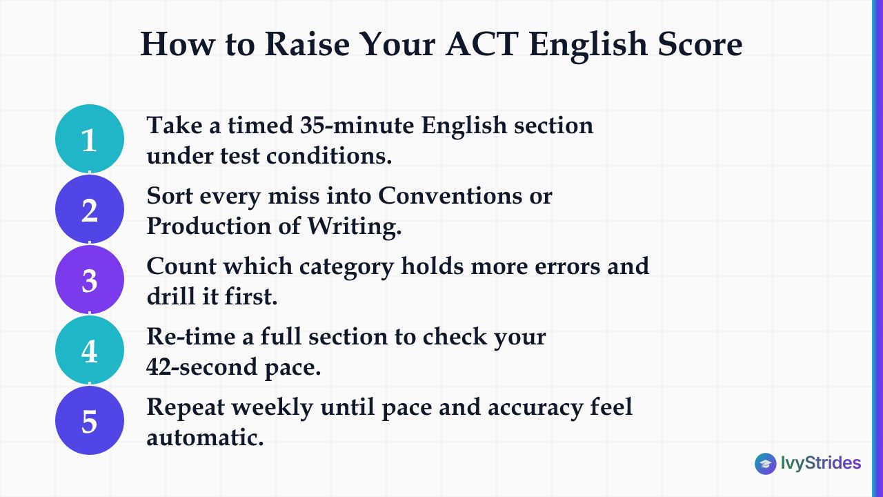 5-step process to raise ACT English score by targeting error categories and building timed pacing