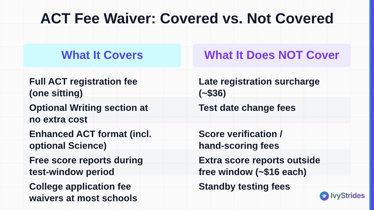 Comparison table showing what the ACT fee waiver covers versus what costs students must still pay out of pocket