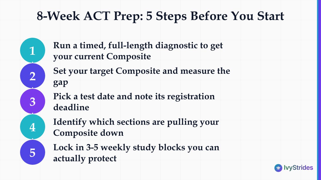 5-step checklist to start an 8-week ACT prep plan: diagnostic, target score, test date, weak sections, weekly blocks