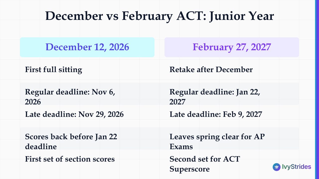 Comparison table of December 2026 vs February 2027 ACT test dates showing deadlines and strategic purpose for juniors