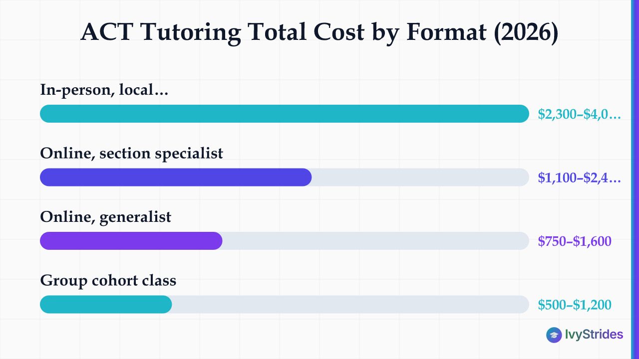 Horizontal bar chart comparing total ACT tutoring costs by format, from $500 group classes to $4,000 in-person specialists