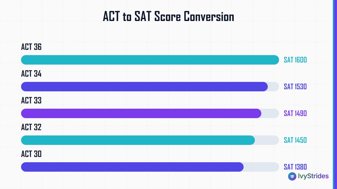 Horizontal bar chart showing ACT to SAT score conversions from ACT 22 (SAT 1060) to ACT 36 (SAT 1600)