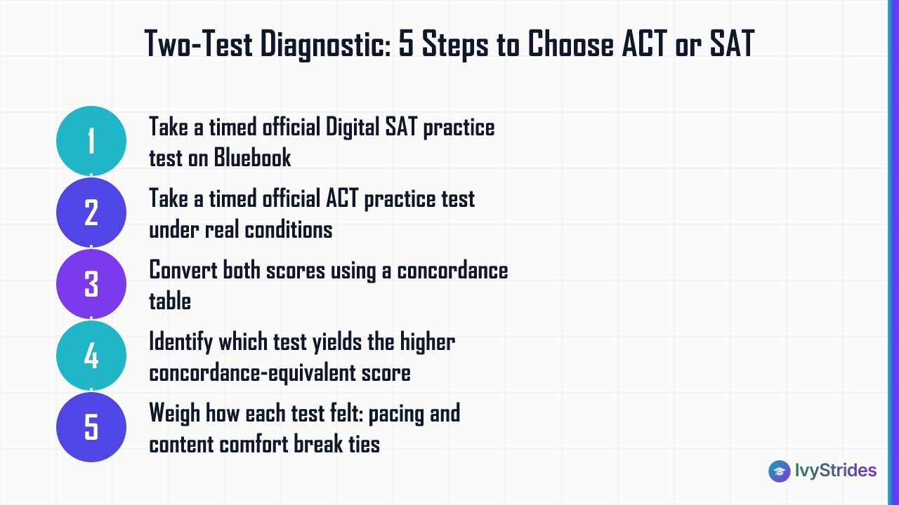 5-step two-test diagnostic framework to decide between the ACT and SAT based on timed practice scores