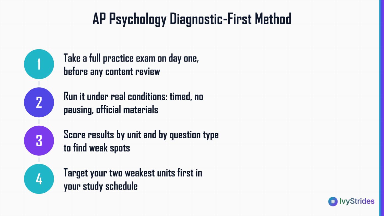 4-step AP Psychology diagnostic process: take exam first, use real conditions, score by unit, then target weak spots
