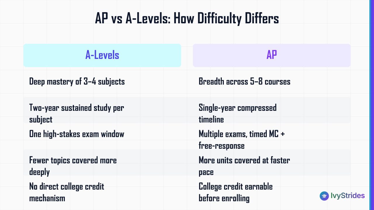 Comparison table showing how AP and A-levels distribute difficulty differently across depth, breadth, timeline, and exam stru