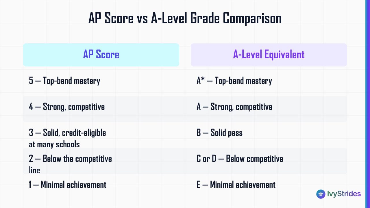 Comparison table mapping AP scores 1–5 to approximate A-level grade equivalents and what each signals to US college admission