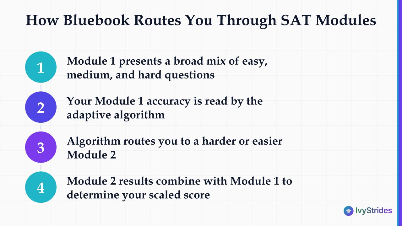 4-step diagram showing how Bluebook's adaptive algorithm routes SAT test-takers from Module 1 to Module 2