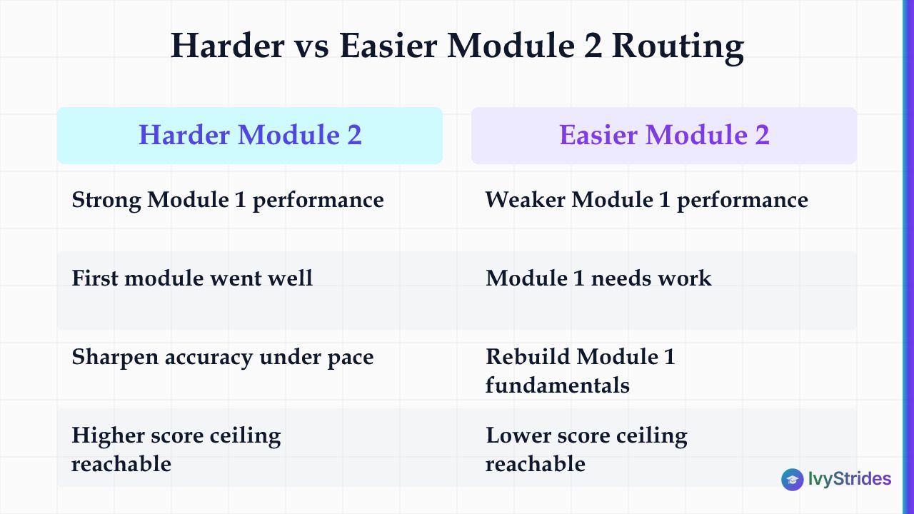 Comparison table showing Bluebook SAT harder vs easier Module 2 routing causes, signals, and next steps for test prep