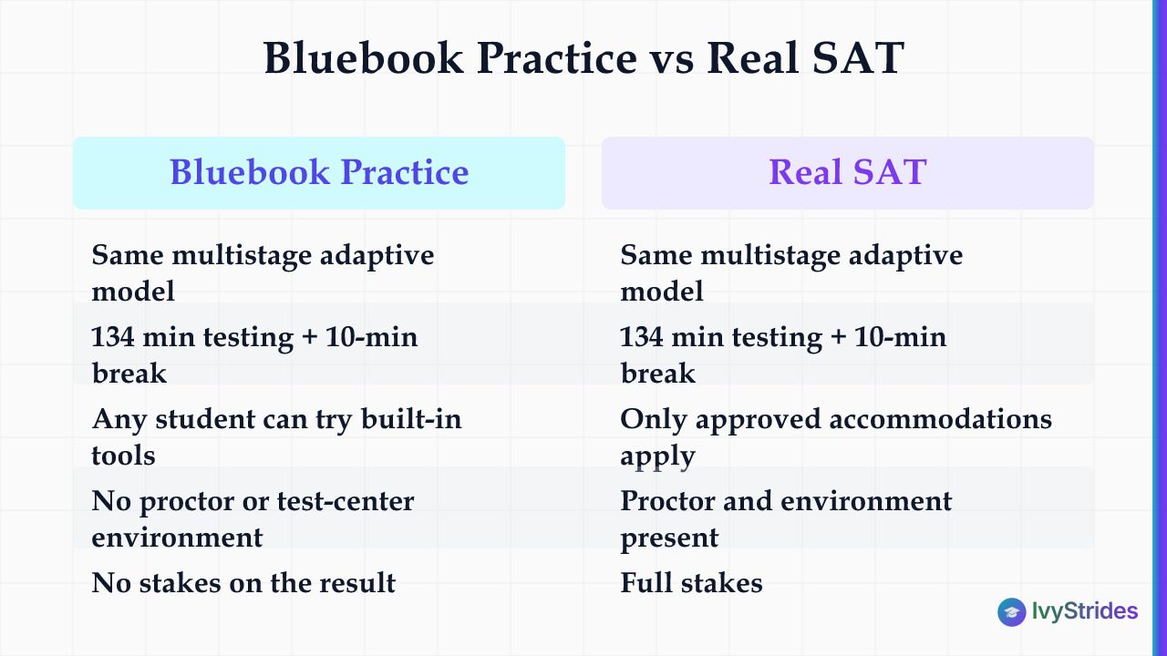 Comparison table showing Bluebook SAT practice tests vs real SAT across adaptive algorithm, timing, accommodations, environme