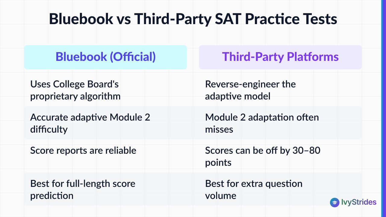 Comparison table of Bluebook vs third-party SAT practice tests across scoring accuracy, adaptive difficulty, and best use cas