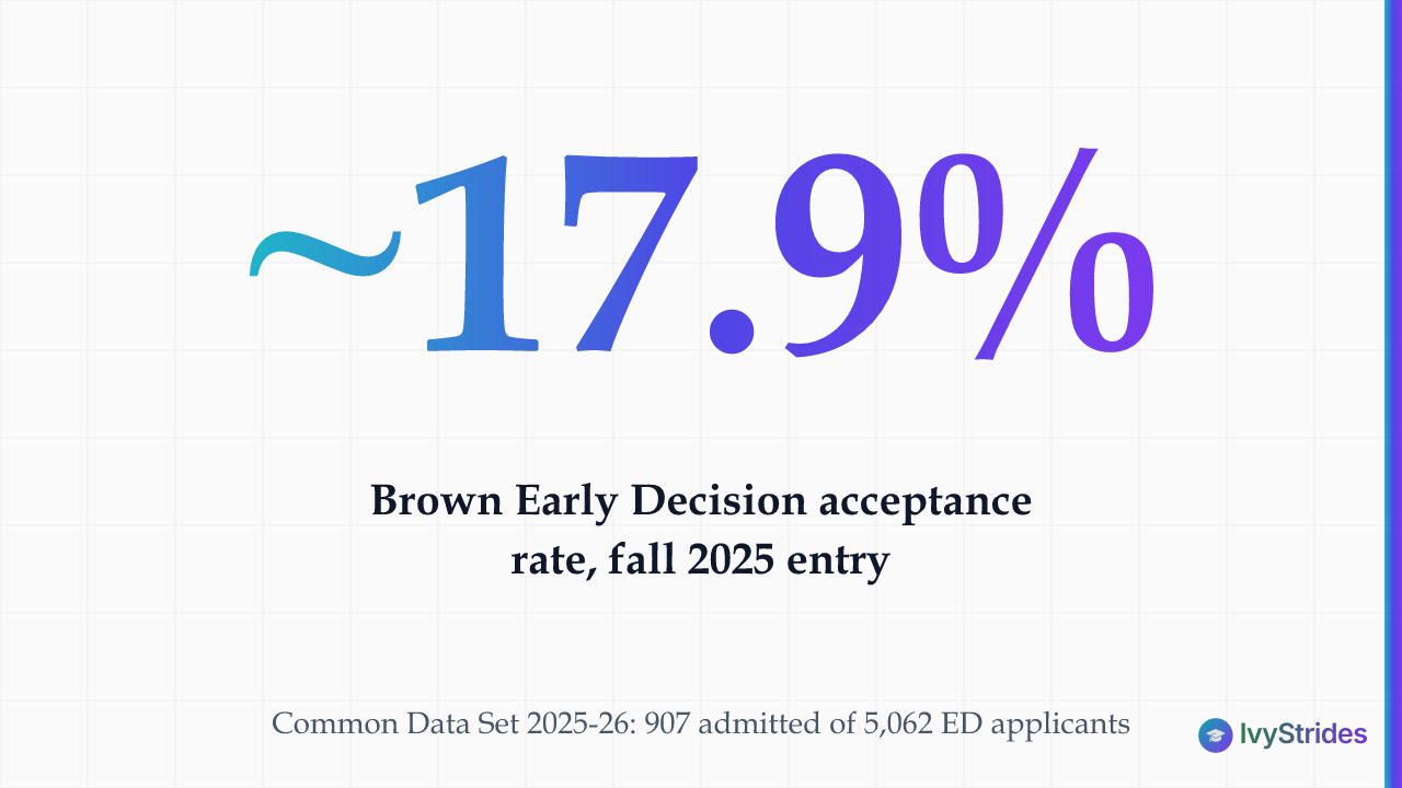Stat callout showing Brown Early Decision acceptance rate of approximately 17.9% based on Common Data Set 2025-26 data