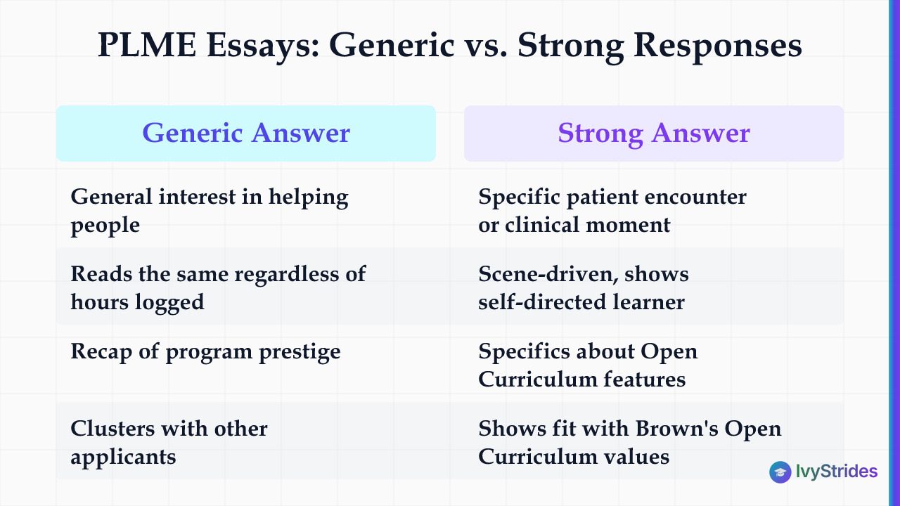 Comparison table contrasting generic vs. strong PLME essay responses across four key dimensions for Brown applicants