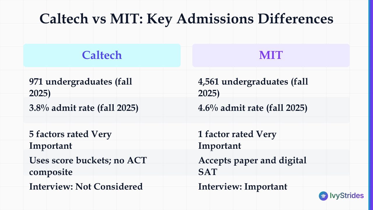 Comparison table of Caltech vs MIT admissions: size, admit rates, CDS-rated factors, test handling, and interview policy
