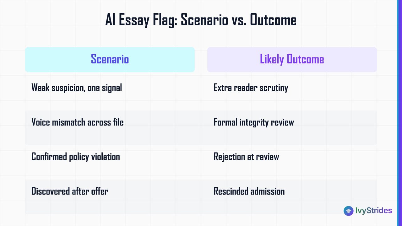 Comparison table showing four AI essay flag scenarios and their likely admissions outcomes from extra scrutiny to rescinded a