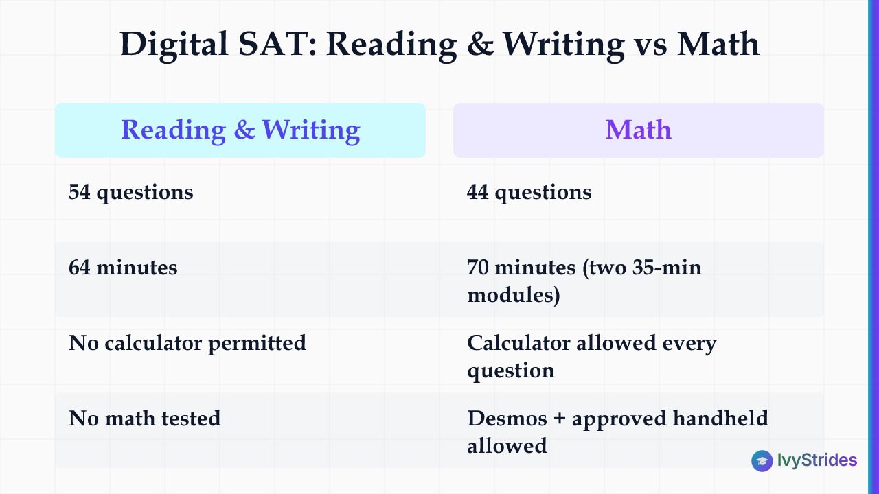Comparison table of Digital SAT Reading & Writing vs Math sections showing questions, time, and calculator rules