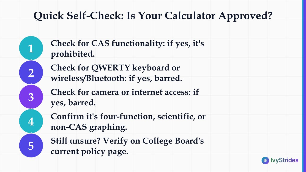 5-step self-check flowchart to verify if your handheld calculator is approved for the Digital SAT