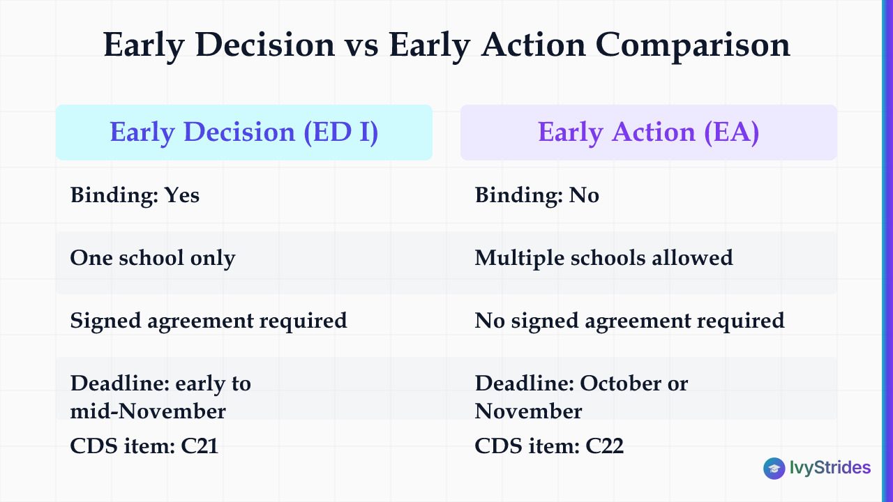 Comparison table showing Early Decision vs Early Action differences in binding status, school limits, agreements, deadlines,