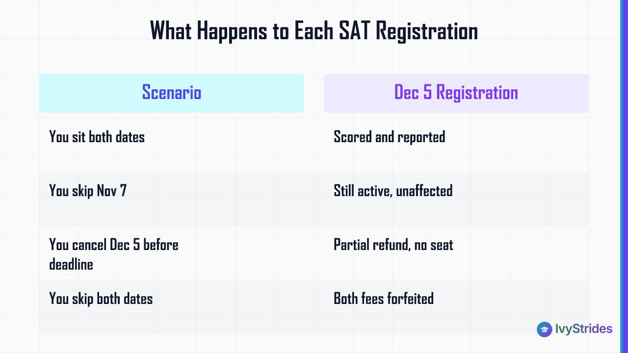 Comparison table showing how November 7 and December 5 SAT registrations are affected under four different scenarios