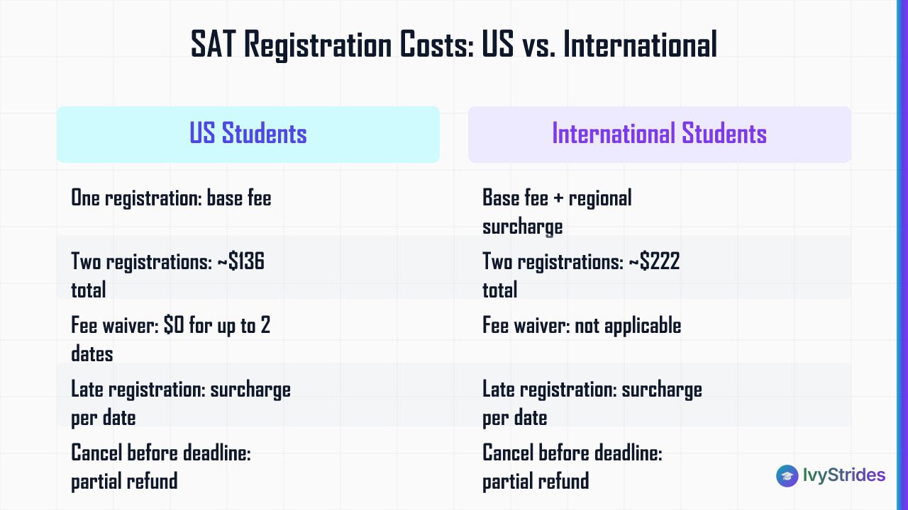 Comparison table of SAT registration costs for US vs. international students, including fee waivers and late fees