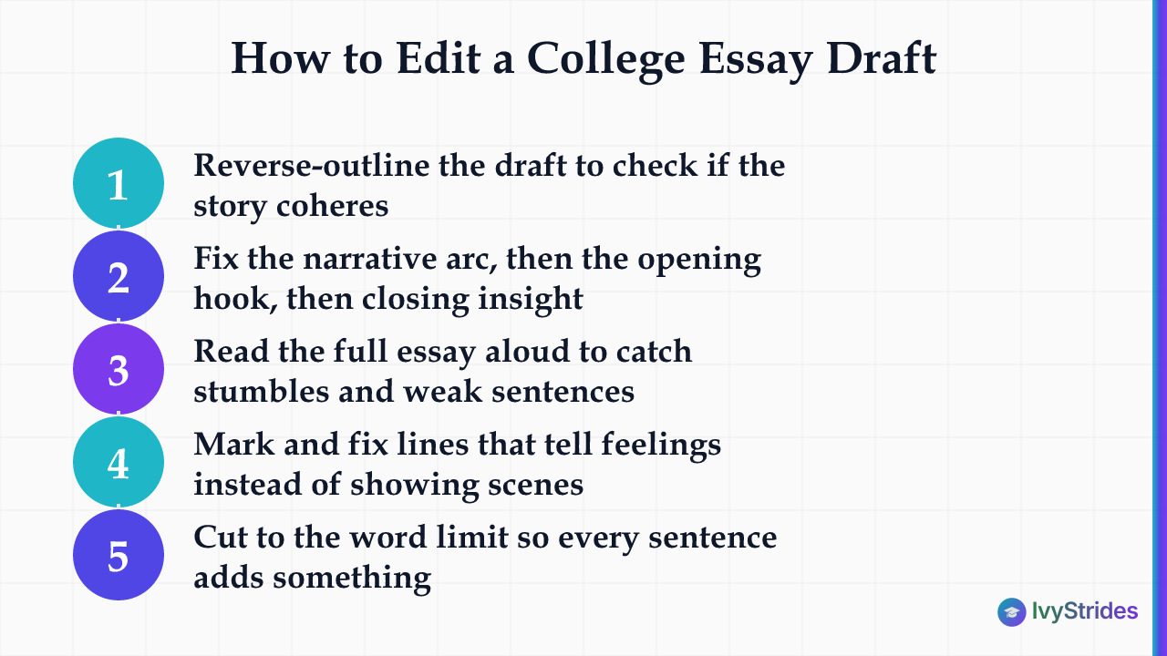 5-step college essay editing process: reverse outline, fix structure, read aloud, show don't tell, cut to limit