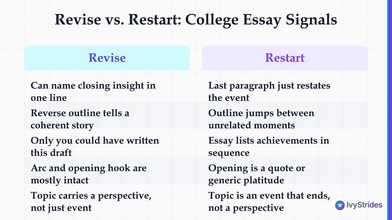 Comparison table showing college essay signals that indicate revising versus restarting your draft