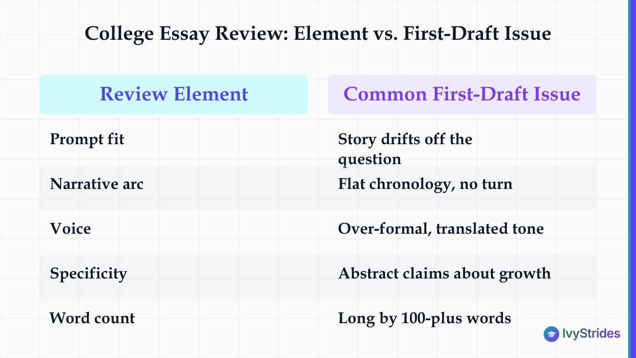 Comparison table showing 5 college essay review elements alongside their most common first-draft issues