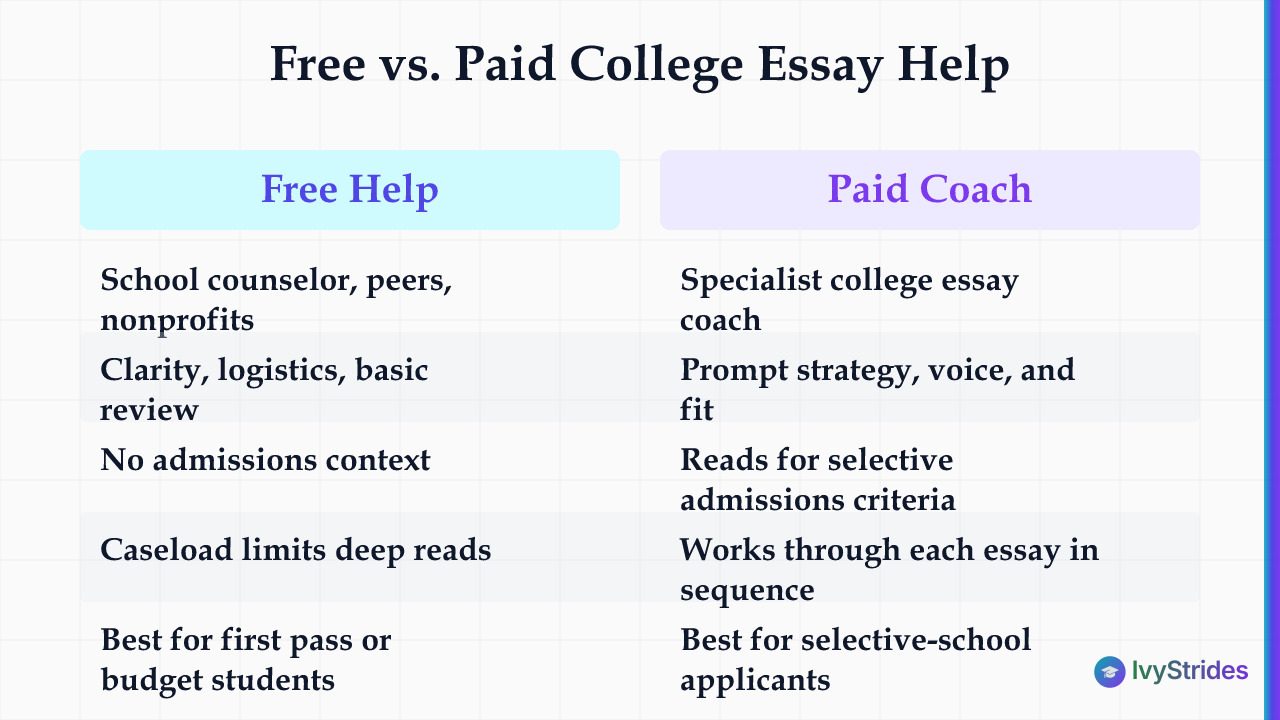 Comparison table of free vs paid college essay help covering coverage, admissions context, depth, and best use cases