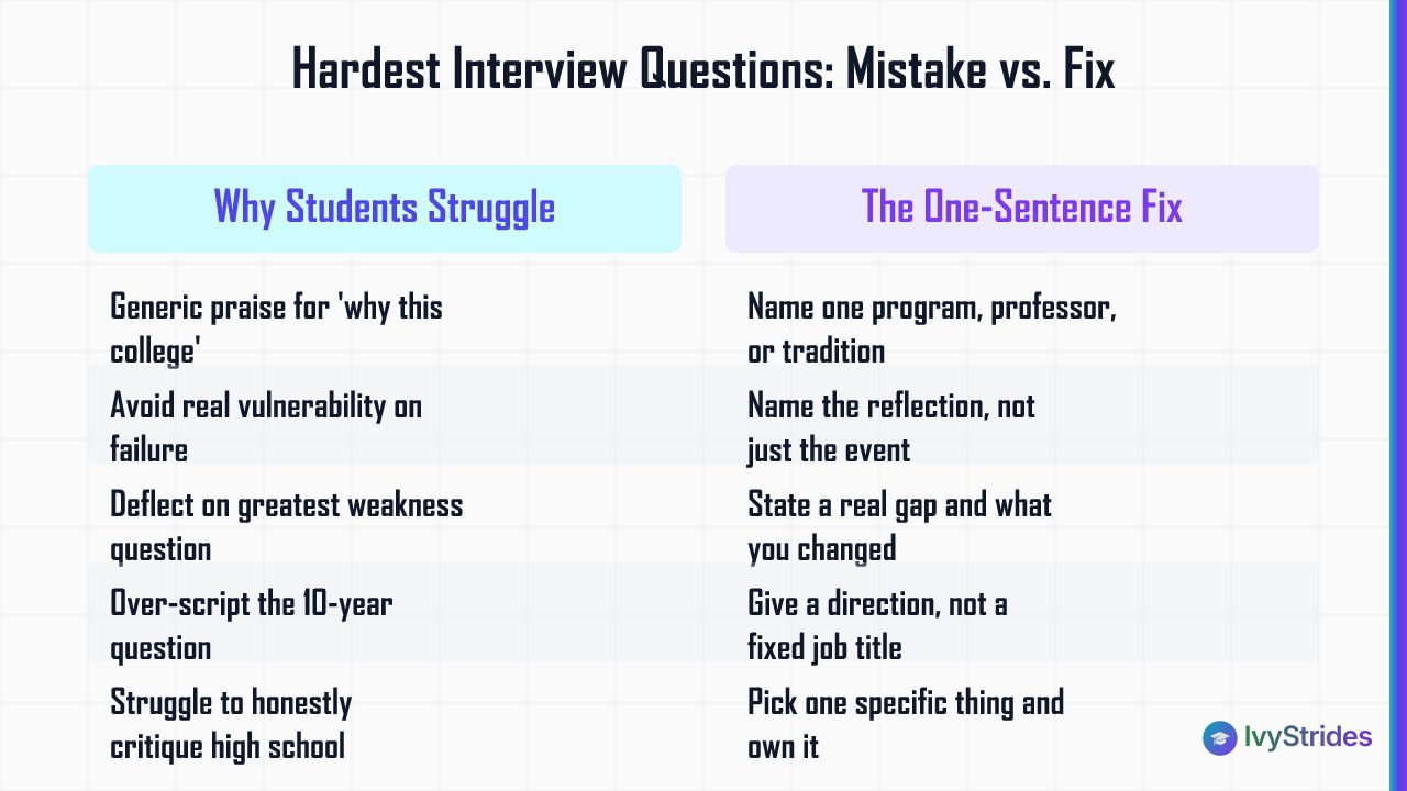 Comparison table of 5 hard college interview questions showing why students struggle and the one-sentence fix for each
