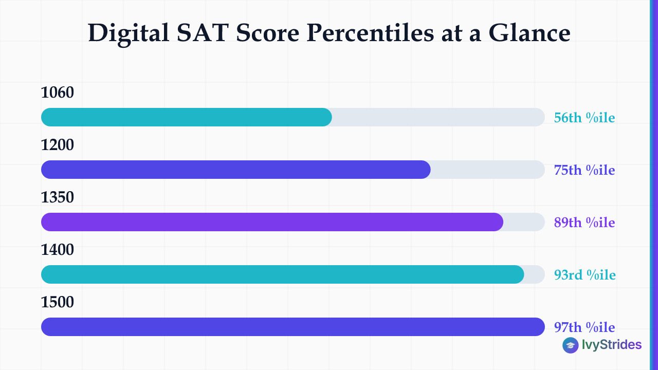 Horizontal bar chart showing Digital SAT total scores from 1060 to 1500 mapped to percentiles 56th through 97th