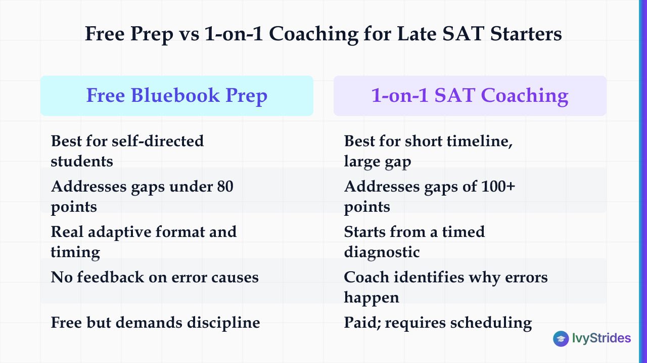 Comparison table of free Bluebook SAT prep vs 1-on-1 coaching for late starters by score gap and key features