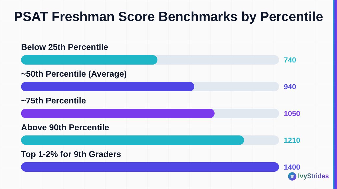 Horizontal bar chart showing 9th-grade PSAT score benchmarks from 740 (below 25th percentile) to 1400 (top 1-2%)
