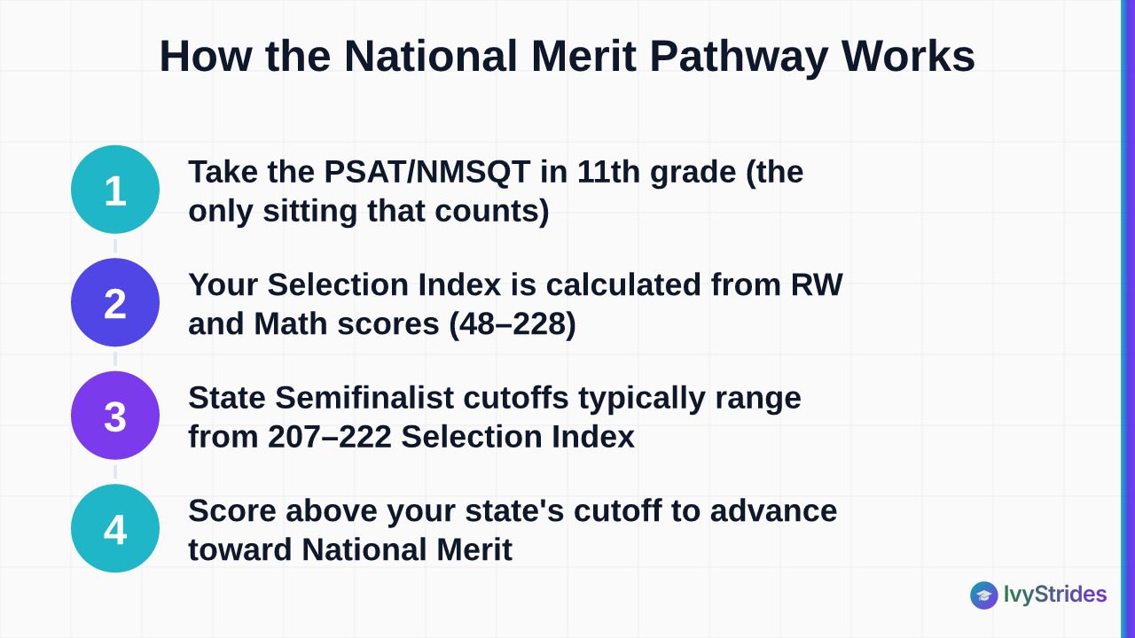 4-step diagram showing how the National Merit pathway works from junior-year PSAT to Semifinalist cutoff