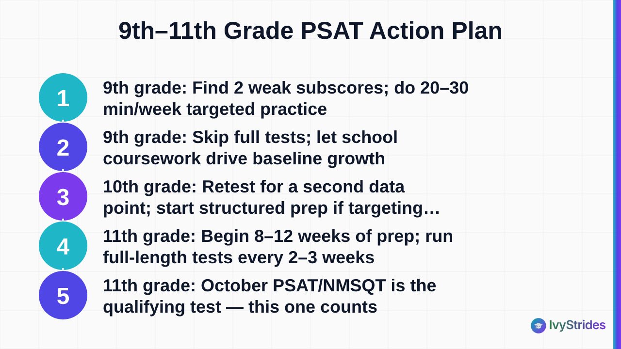 Numbered 3-grade PSAT prep timeline showing action steps for 9th, 10th, and 11th graders