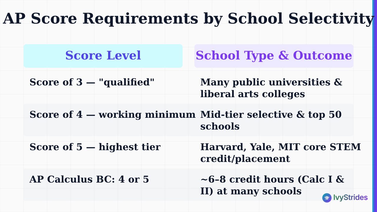 Comparison table showing AP score thresholds needed for college credit across different school selectivity levels and subject