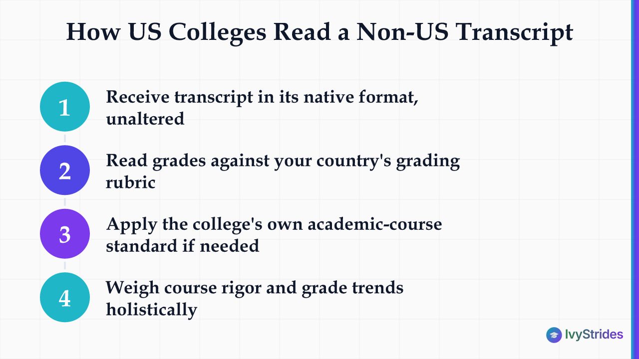 4-step diagram showing how US colleges evaluate non-US transcripts through in-context review rather than GPA conversion