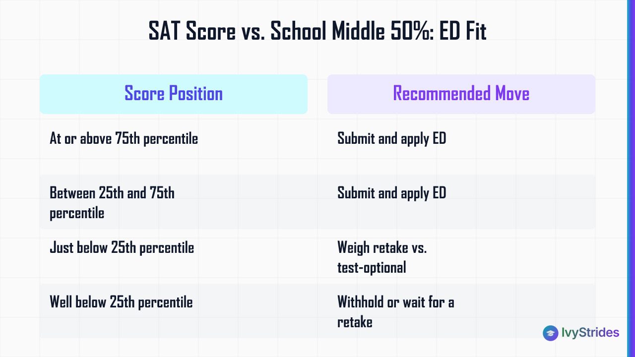Comparison table showing SAT score position relative to school middle 50% range and recommended Early Decision action