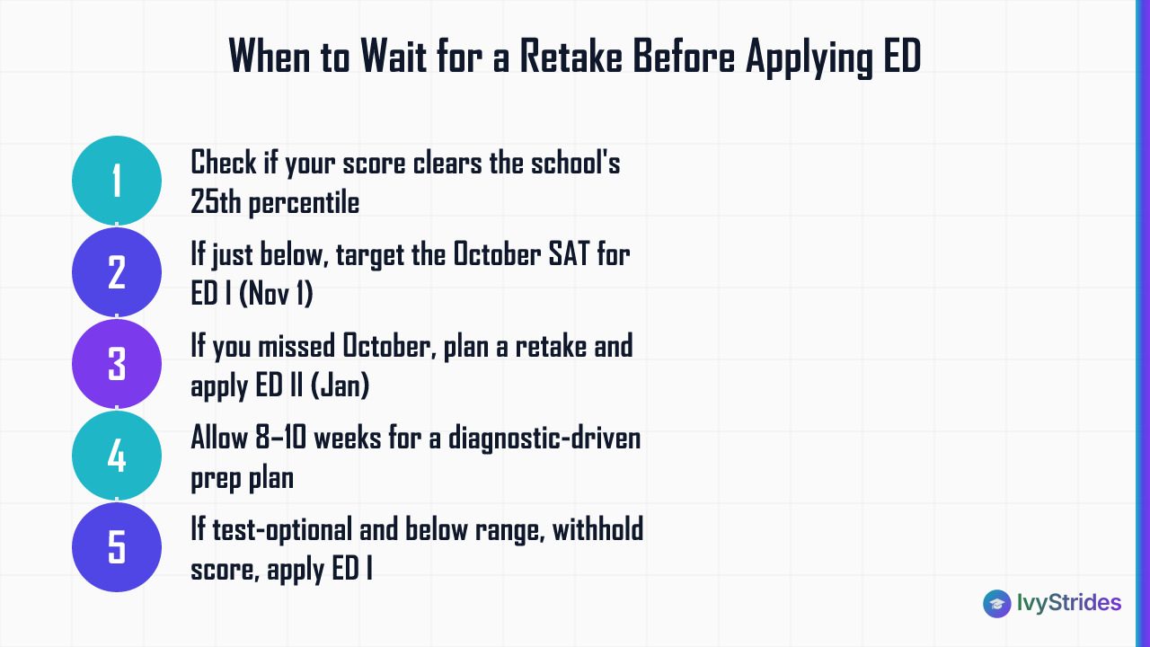 5-step process showing when to retake the SAT versus applying Early Decision I or ED II based on score and timeline