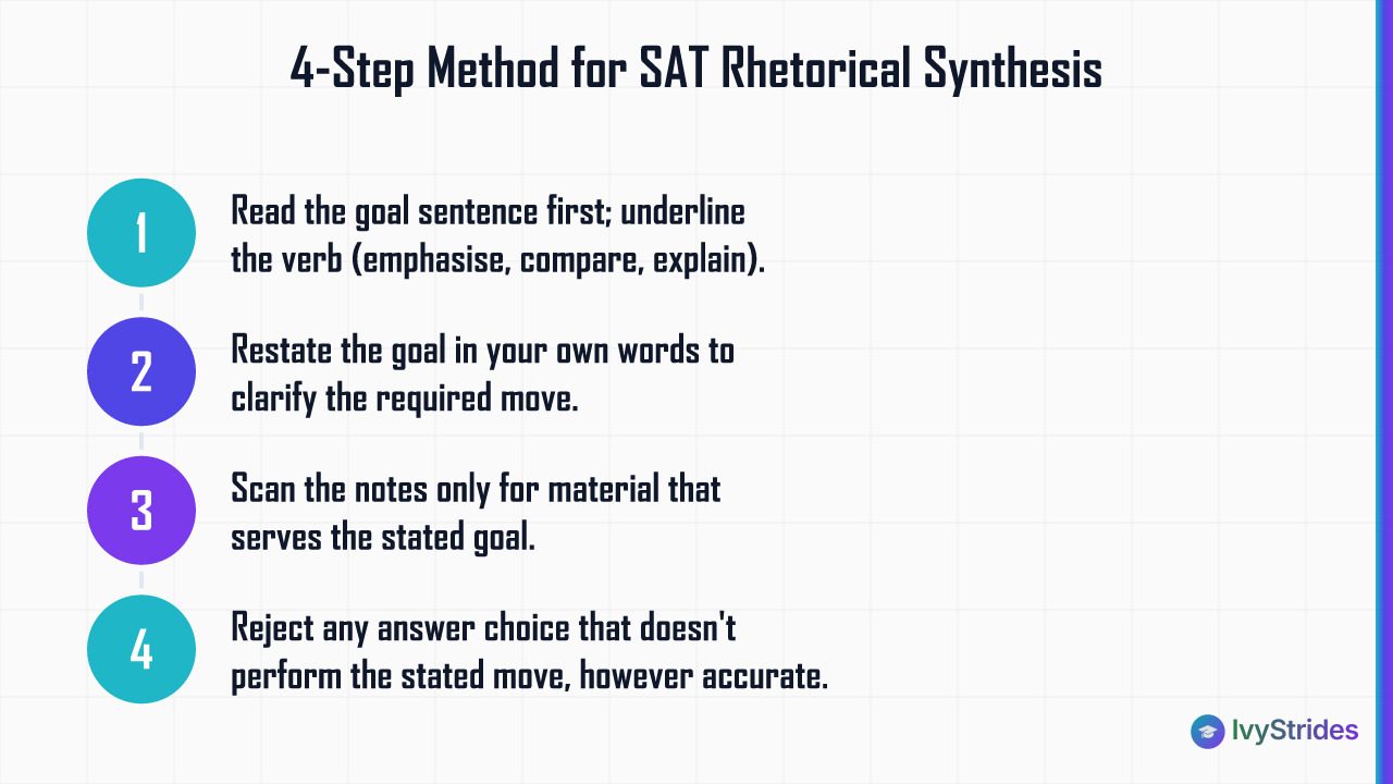 4-step SAT rhetorical synthesis method: read goal first, restate it, filter notes, reject wrong-move answers