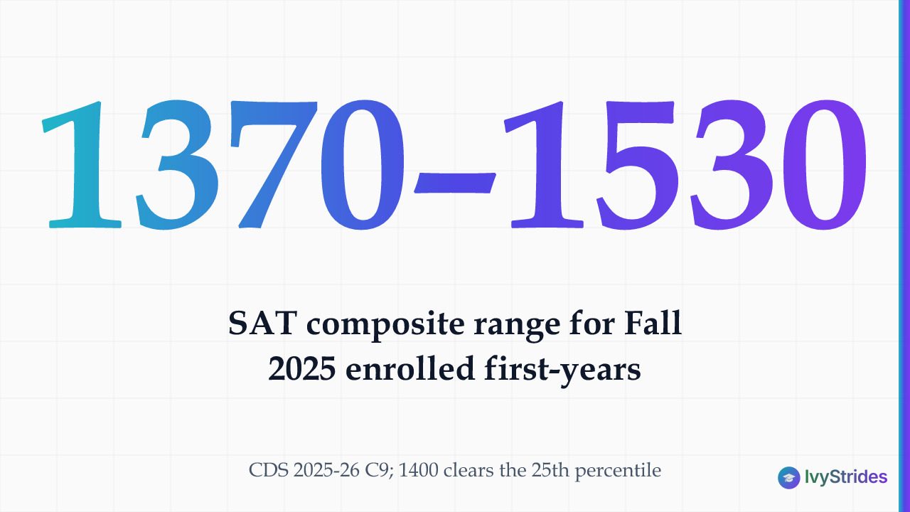 Stat callout showing Georgia Tech's middle 50% SAT range of 1370–1530 for Fall 2025 enrolled students
