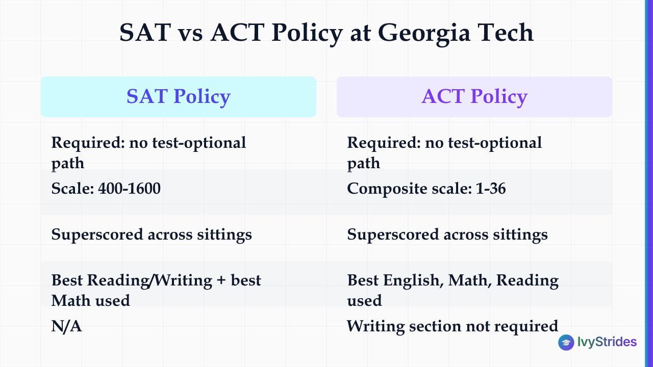 Comparison table of Georgia Tech SAT vs ACT policies for Fall 2027 including scoring scales, superscore rules, and requiremen