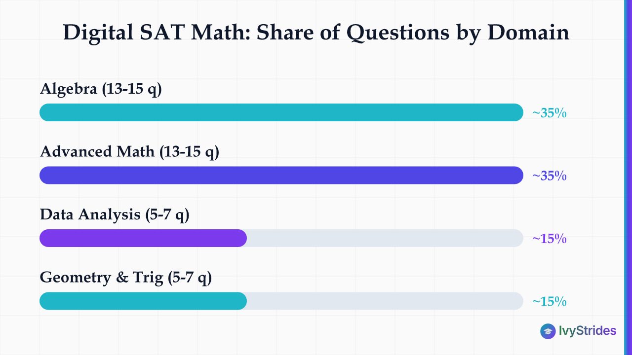 Bar chart of Digital SAT Math domains: Algebra and Advanced Math about 35% each, data analysis and geometry about 15% each.