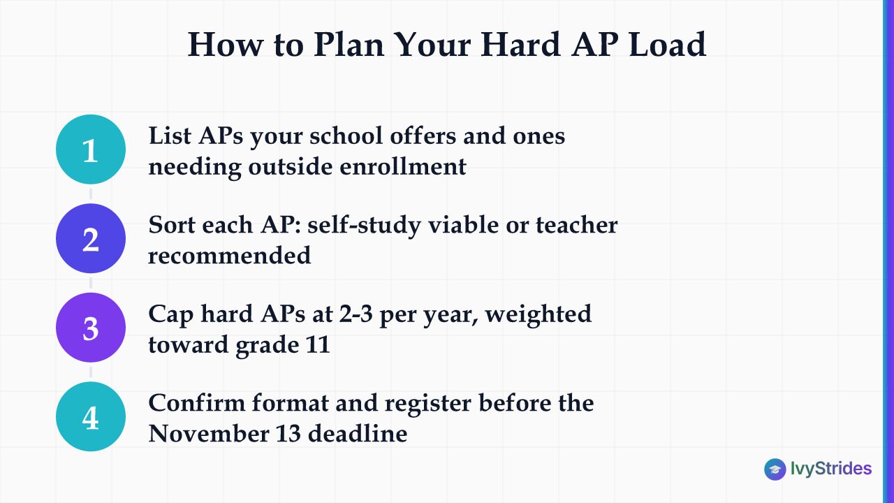 4-step process for planning hard AP classes: list, sort, cap load, and register before the deadline