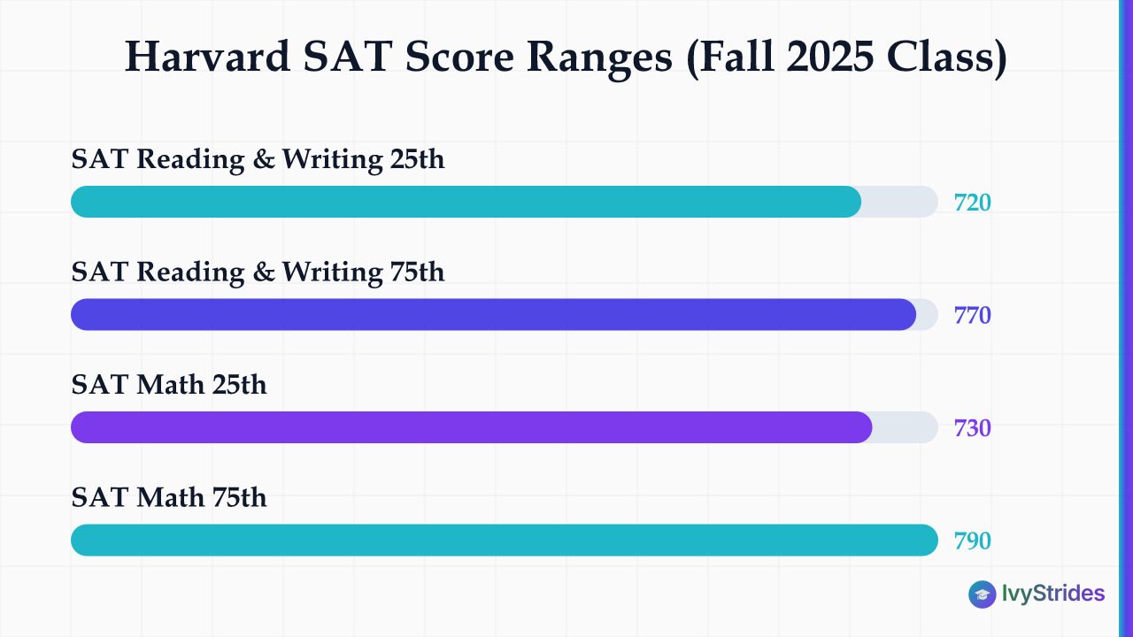 Bar chart showing Harvard SAT score ranges for fall 2025 entering class: RW 720–770, Math 730–790
