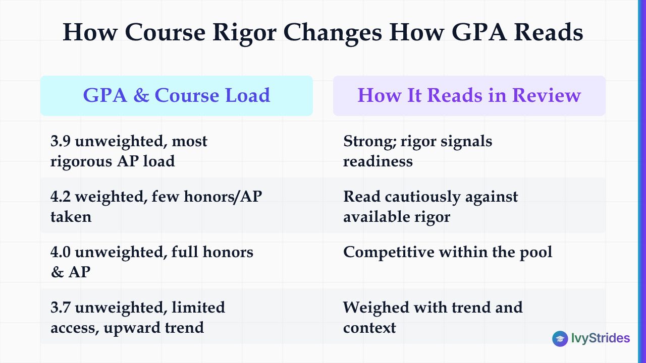 Comparison table showing how the same GPA reads differently in Harvard holistic review based on course rigor and load context