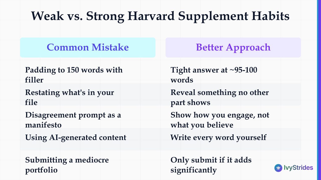 Comparison table of common Harvard supplement mistakes versus stronger approaches, based on admissions guidance