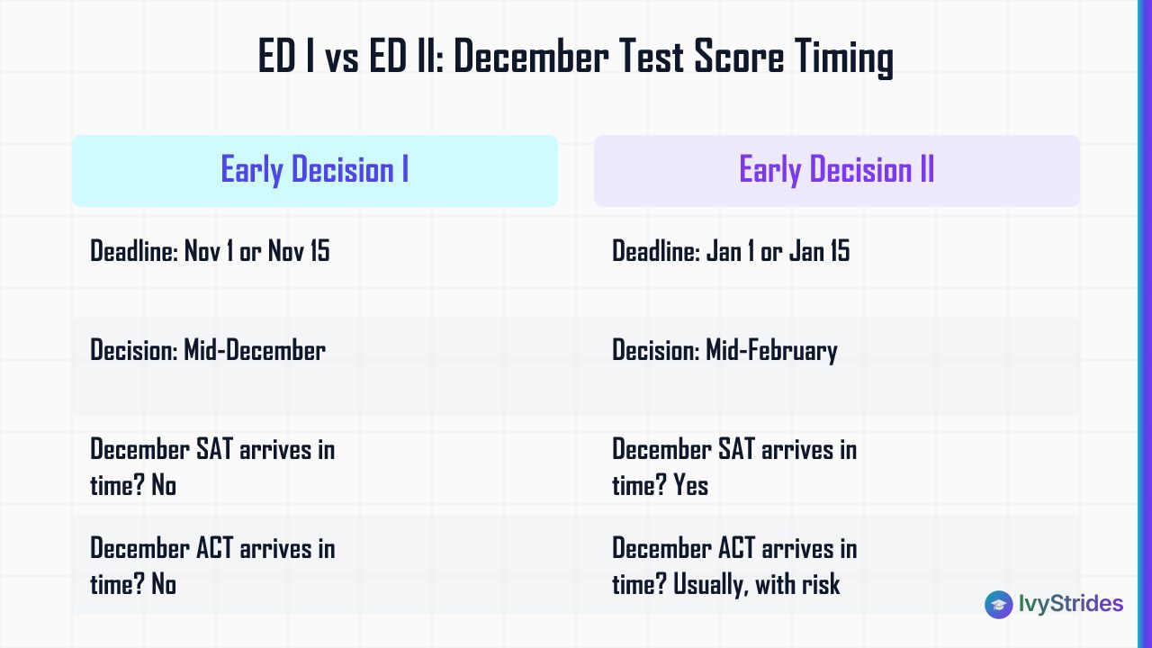 Comparison table of ED I vs ED II deadlines, decision dates, and December SAT/ACT score timing eligibility