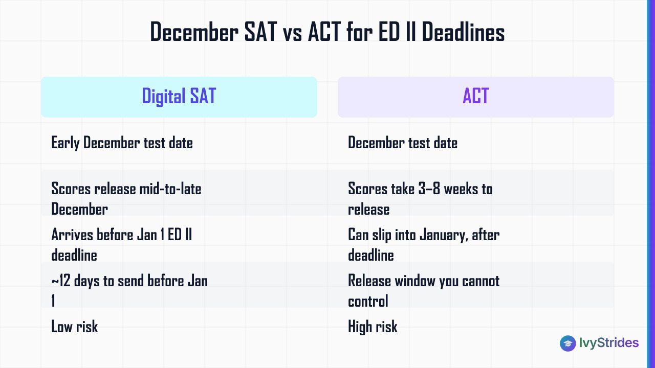 Comparison table of December SAT vs ACT score release timing and risk level for ED II January 1 deadlines