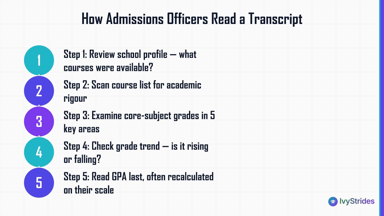 5-step diagram showing the order admissions officers read a high school transcript, ending with GPA last