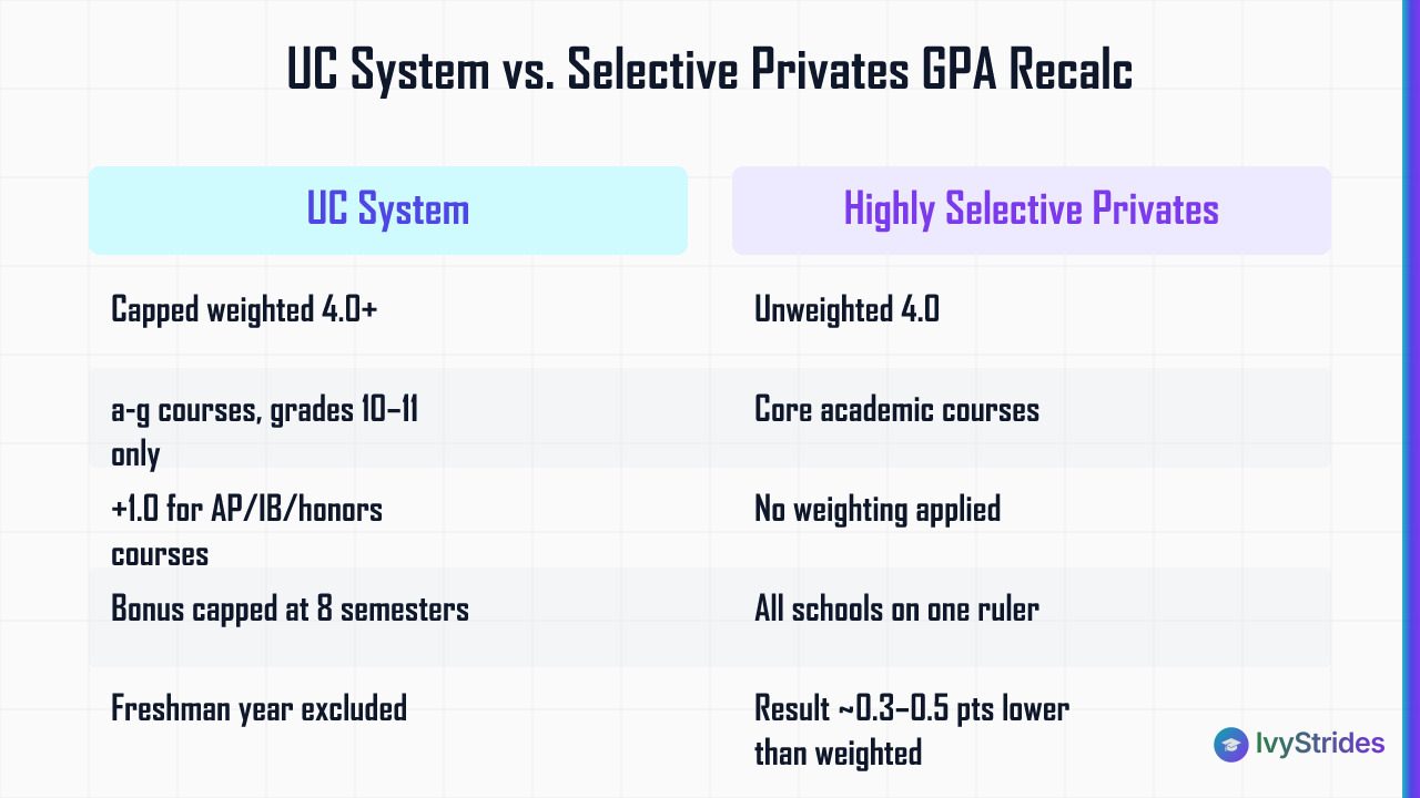 Comparison table showing UC system vs. selective private college GPA recalculation methods across scale, courses, and weighti