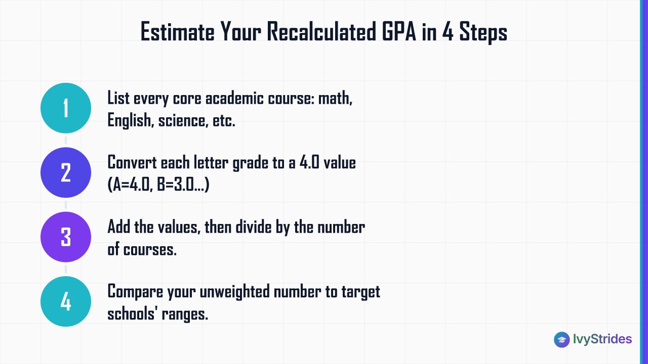 4-step diagram showing how to estimate your unweighted recalculated GPA for college admissions